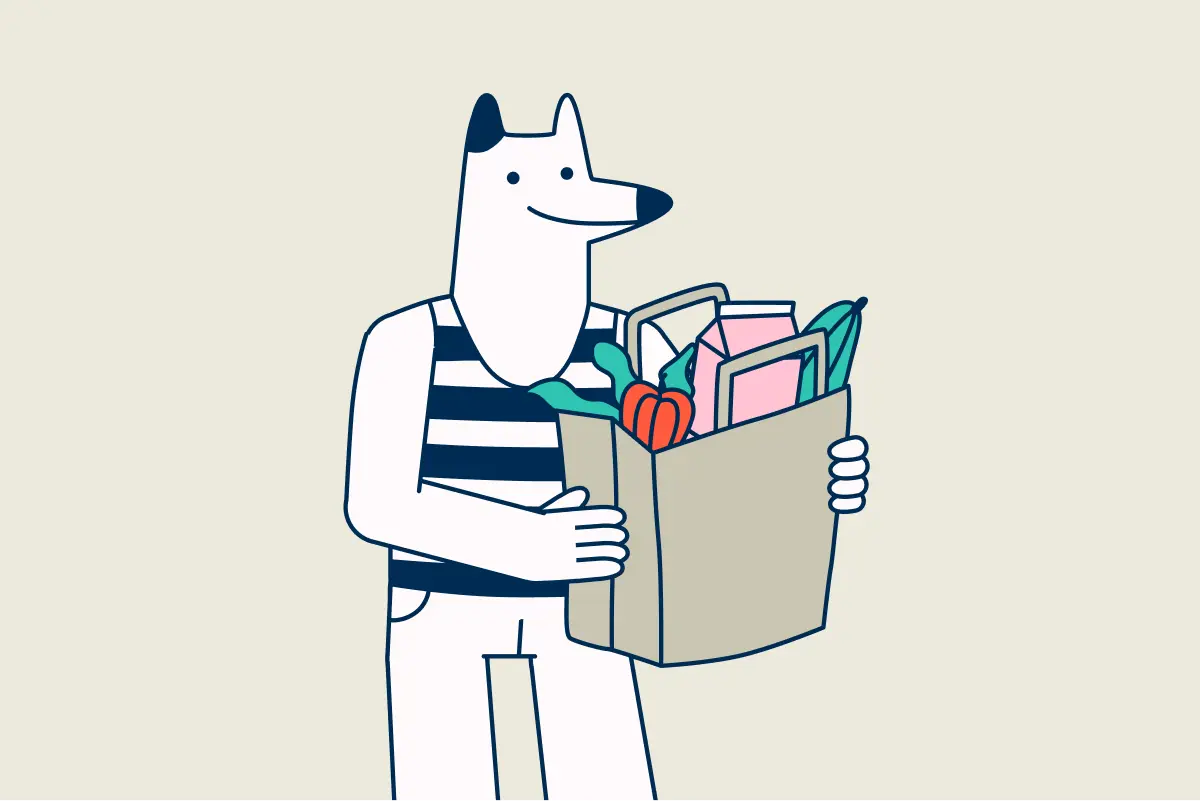 Illustration av en karaktär som bär en matkasse